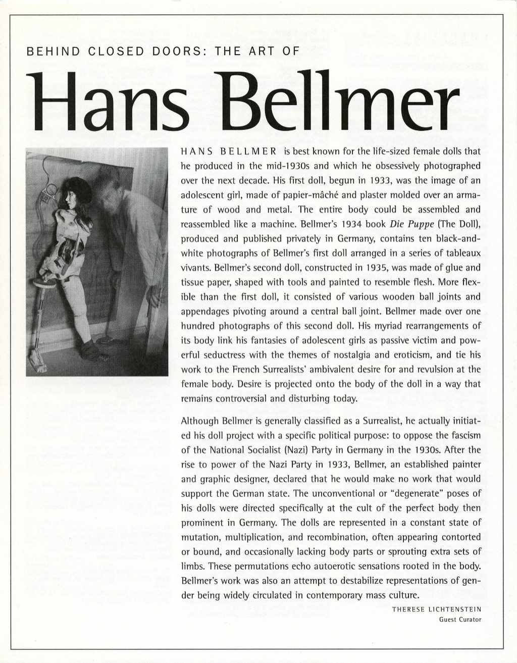 Hans Bellmer - Behind Closed Doors: The Art of Hans Bellmer - 2001 ICOP Retrospective Exhibition Six Page Pamphlet